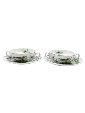 Cream Soup Bowl & Saucer Set of 2, Copeland Spode Chelsea Birds Thin Red Line